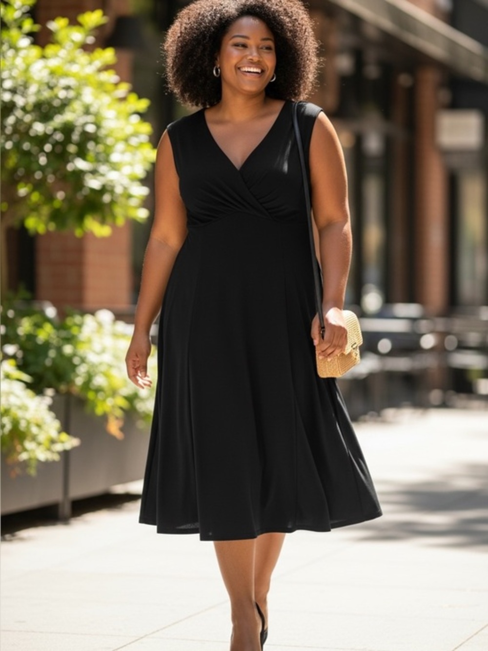Chaps Black V-Neck Faux-Wrap Midi Dress PXL
